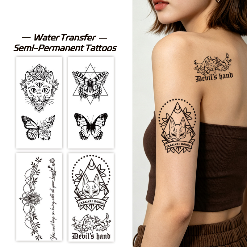 Custom OEM Water Transfer Juice Semi-Permanent Tattoo Sticker, Mystic Fox Cat Demon Hand Boho Mandala Butterfly Line Art Design, Realistic & Long Lasting Supplies