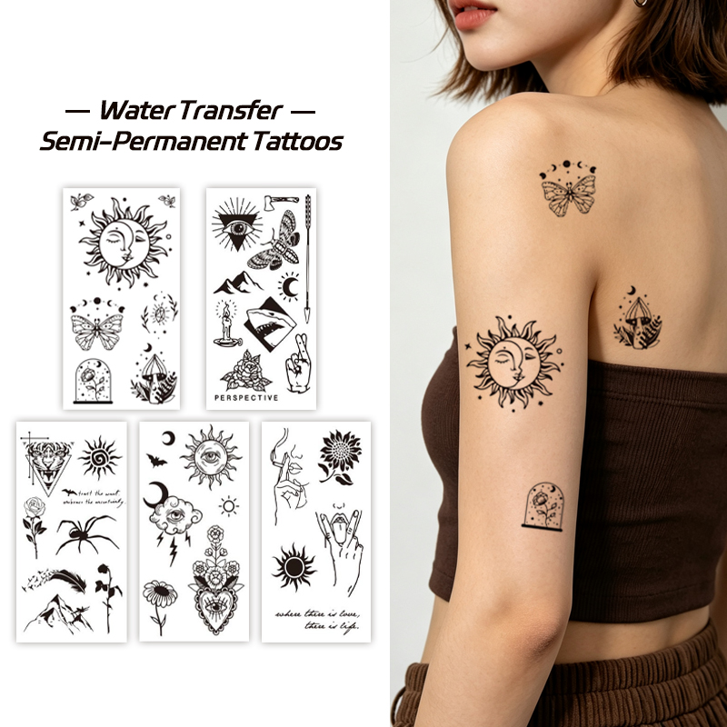 Wholesale OEM B2B Water Transfer Juice Semi-Permanent Tattoo Sticker, Witchy Sun Moon Face Eye Mountain Bohemian Line Art Design, Realistic & Long Lasting Supplies