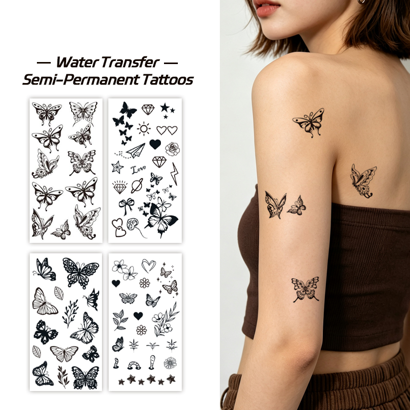Wholesale OEM B2B Water Transfer Juice Semi-Permanent Tattoo Sticker, Minimal Various Shapes Butterfly Love Heart Diamond Star Line Design, Realistic & Long Lasting Supplies