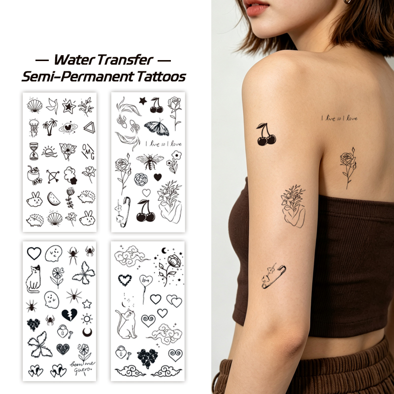 Wholesale B2B Water Transfer Juice Semi-Permanent Tattoo Sticker, Tiny Doodle Cherry Cat Cloud Plant Minimal Cartoon Line Design, Realistic & Long Lasting Supplies