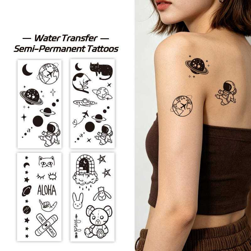 Wholesale OEM B2B Water Transfer Juice Semi-Permanent Tattoo Sticker, Space Astronaut Planet Cat Bear Minimal Cartoon Line Design, Realistic & Long Lasting Supplies