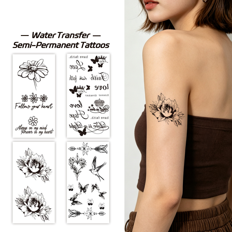 Wholesale OEM B2B Water Transfer Juice Semi-Permanent Tattoo Sticker, Vintage Peony Daisy Flower Faith Hope Script Letter Line Design, Realistic & Long Lasting Supplies