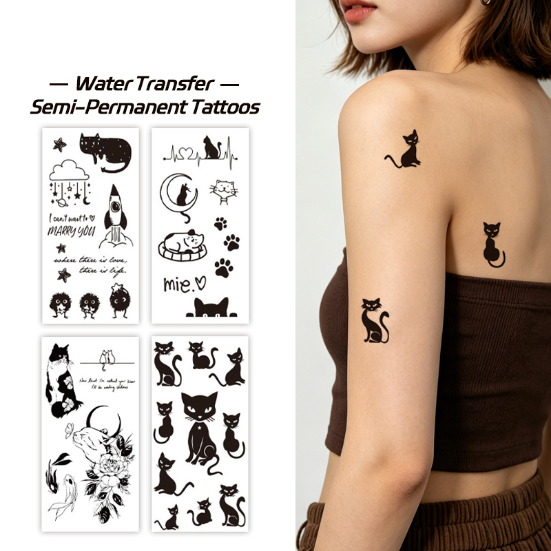 Wholesale OEM B2B Water Transfer Juice Semi-Permanent Tattoo Sticker, Minimal Silhouette Black Cat Rocket Moon Line Art Design, Realistic & Long Lasting Supplies