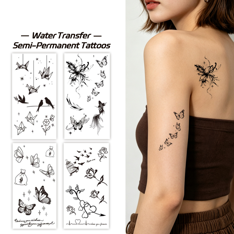 Wholesale B2B Water Transfer Juice Semi-Permanent Tattoo Sticker, Ink Wash Butterfly Origami Bird Goldfish Rose Art Line Design, Realistic & Long Lasting Supplies