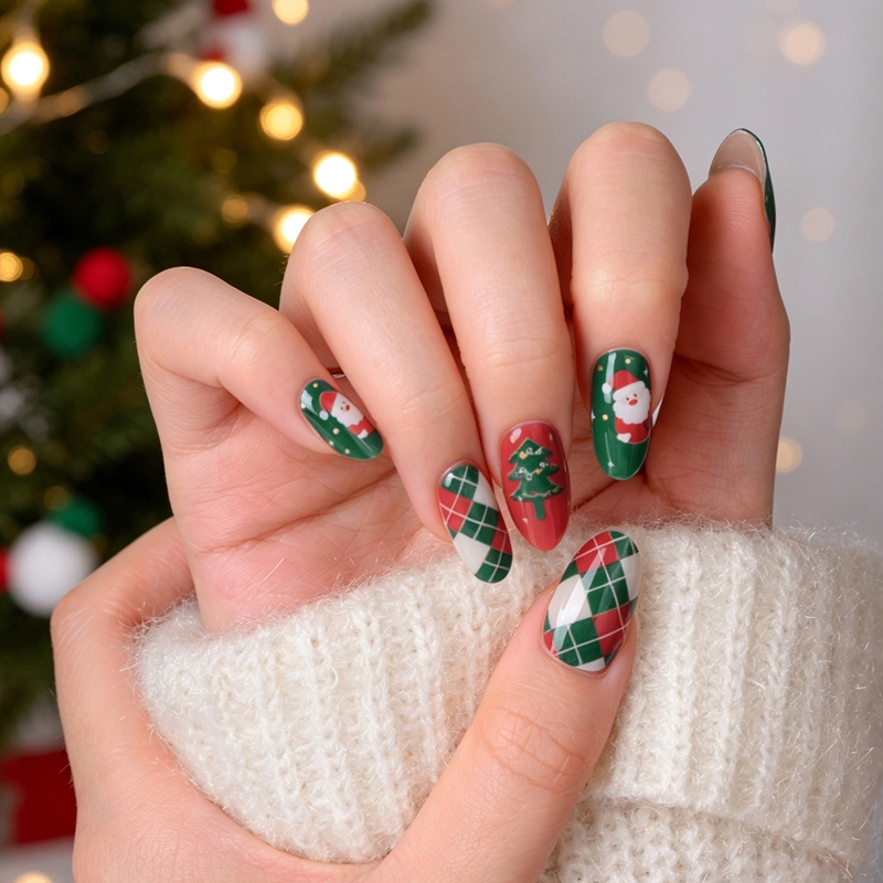 Custom Santa Argyle Plaid Semi‑Cured Gel Nail Strips | Christmas Tree Xmas Gel Nail Wraps Wholesale