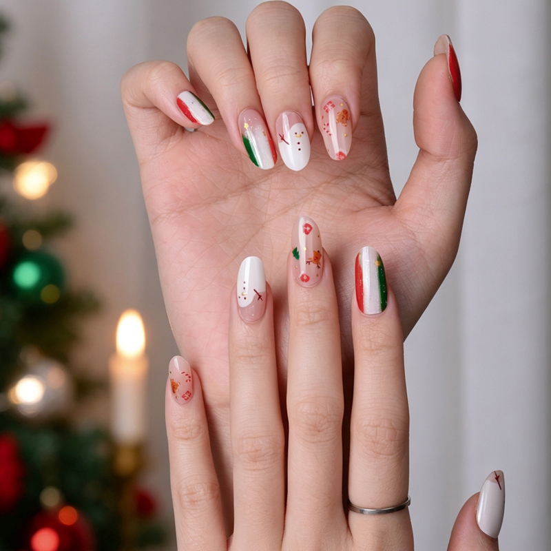 Custom Cute Snowman Gingerbread Semi‑Cured Gel Nail Strips | Sheer Nude Christmas Gel Nail Wraps Wholesale