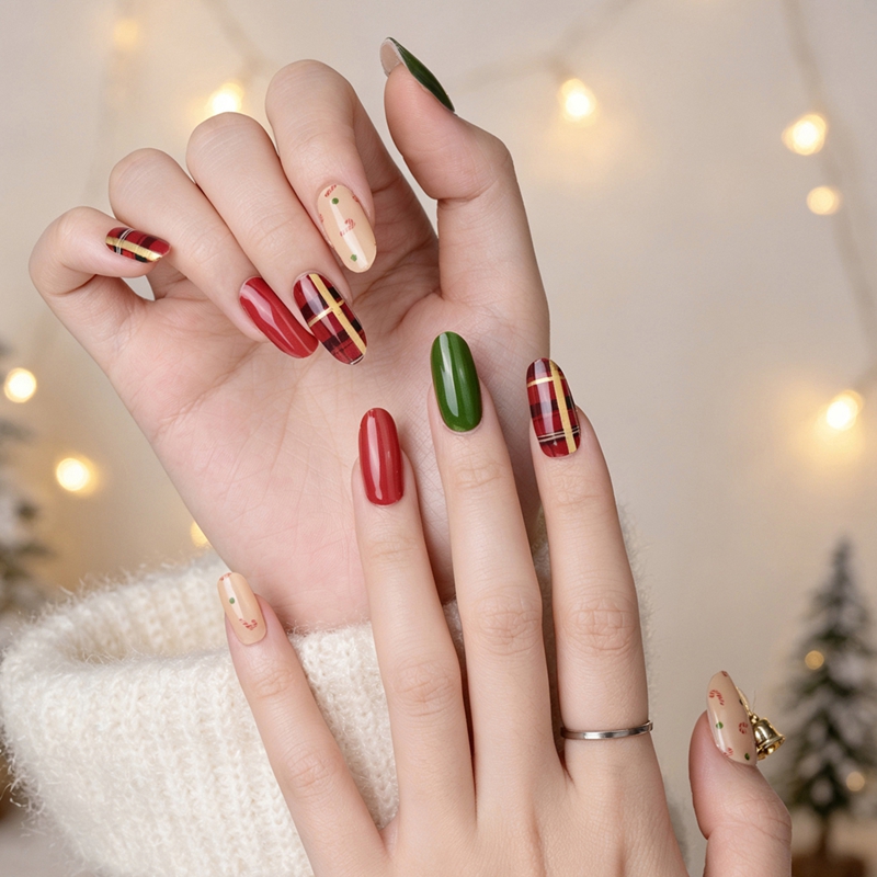 Custom Buffalo Plaid Candy Cane Semi‑Cured Gel Nail Strips | Classic Red Green Christmas Gel Nail Wraps Wholesale Gel Nail Strips