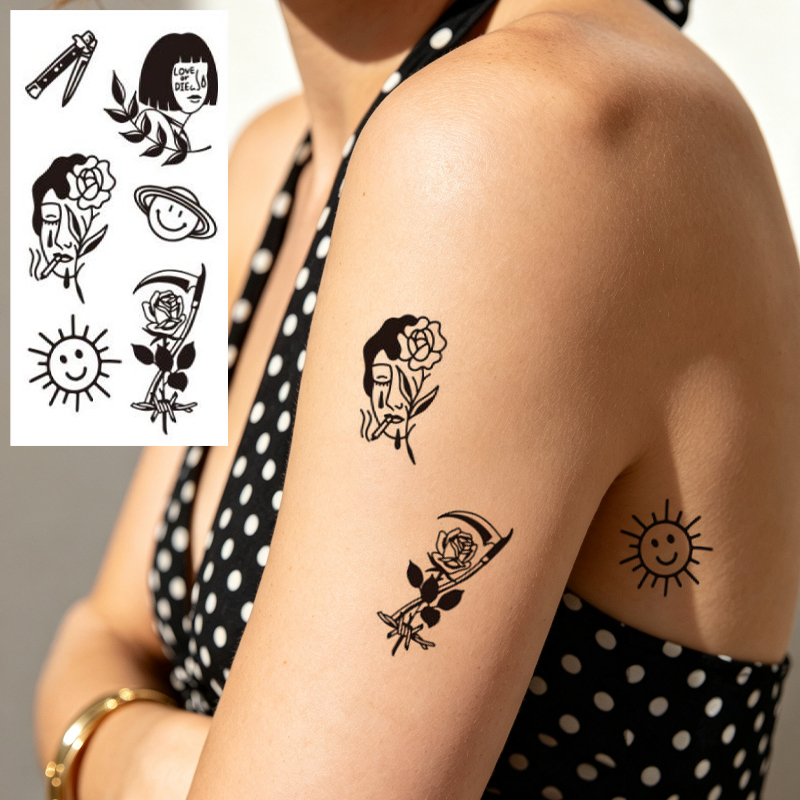 Wholesale OEM B2B Water Transfer Juice Semi-Permanent Tattoo Sticker, Gothic Surreal Portrait Tiger Scorpion Mushroom Old School Sketch Design, Realistic & Long Lasting Bulk Order Factory supplies