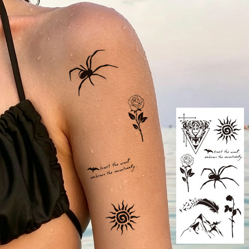 Wholesale OEM B2B Water Transfer Juice Semi-Permanent Tattoo Sticker, Witchy Sun Moon Face Eye Mountain Bohemian Line Art Design, Realistic & Long Lasting Supplies