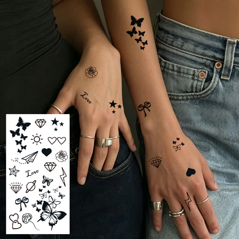 Wholesale OEM B2B Water Transfer Juice Semi-Permanent Tattoo Sticker, Minimal Various Shapes Butterfly Love Heart Diamond Star Line Design, Realistic & Long Lasting Supplies