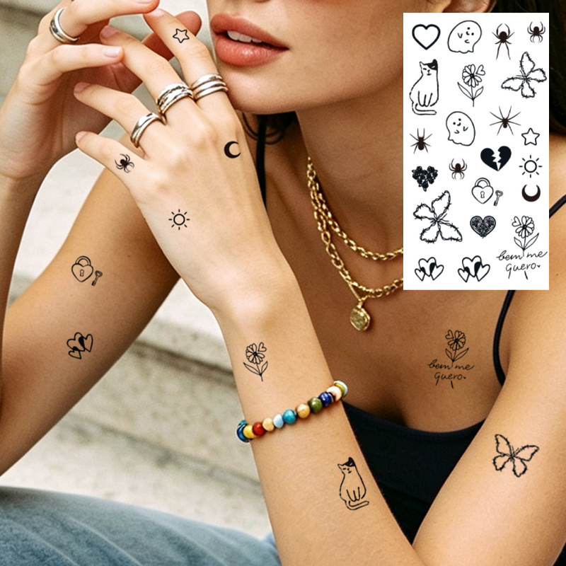 Wholesale B2B Water Transfer Juice Semi-Permanent Tattoo Sticker, Tiny Doodle Cherry Cat Cloud Plant Minimal Cartoon Line Design, Realistic & Long Lasting Supplies