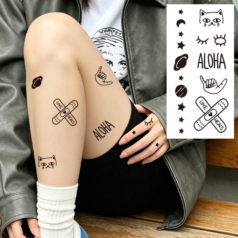 Wholesale OEM B2B Water Transfer Juice Semi-Permanent Tattoo Sticker, Space Astronaut Planet Cat Bear Minimal Cartoon Line Design, Realistic & Long Lasting Supplies