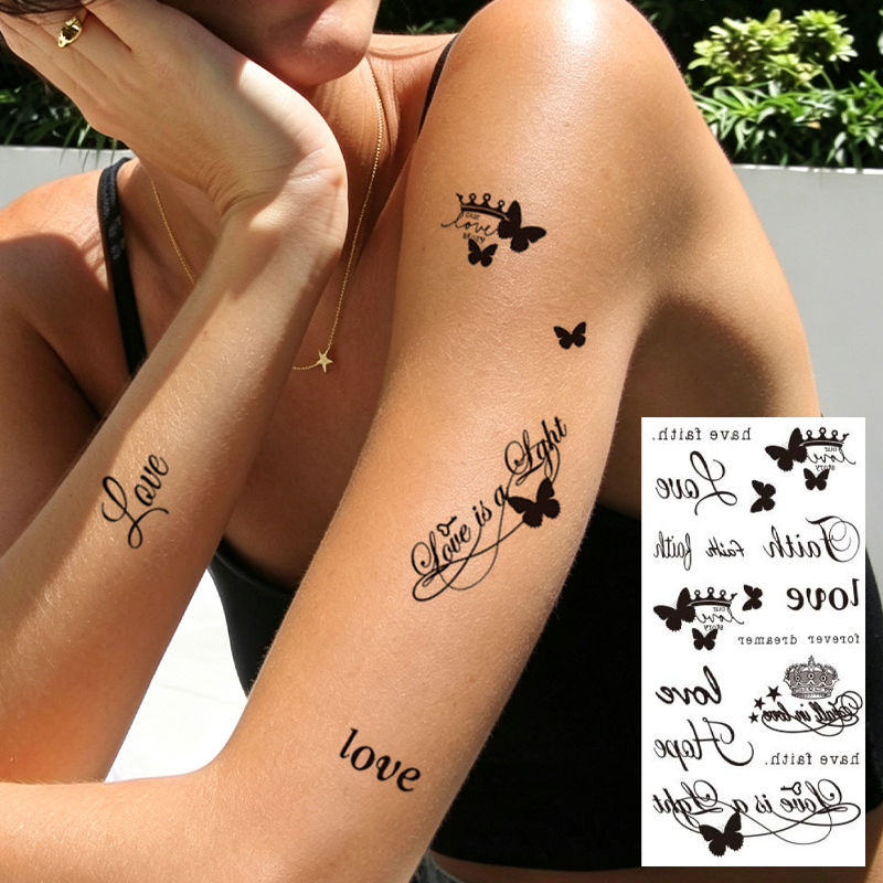 Wholesale OEM B2B Water Transfer Juice Semi-Permanent Tattoo Sticker, Vintage Peony Daisy Flower Faith Hope Script Letter Line Design, Realistic & Long Lasting Supplies