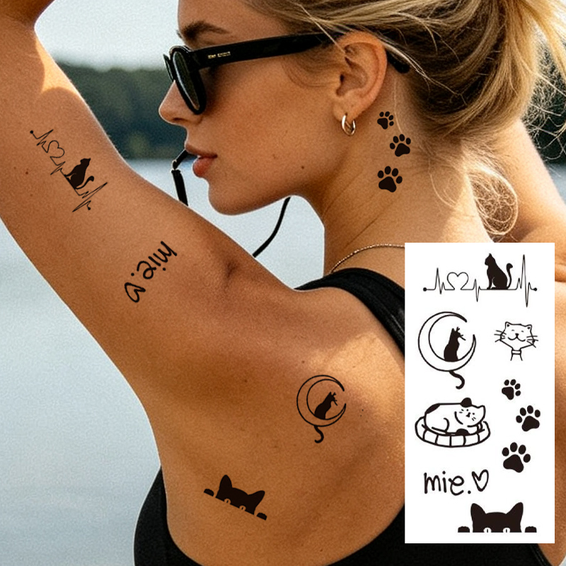 Wholesale OEM B2B Water Transfer Juice Semi-Permanent Tattoo Sticker, Minimal Silhouette Black Cat Rocket Moon Line Art Design, Realistic & Long Lasting Supplies