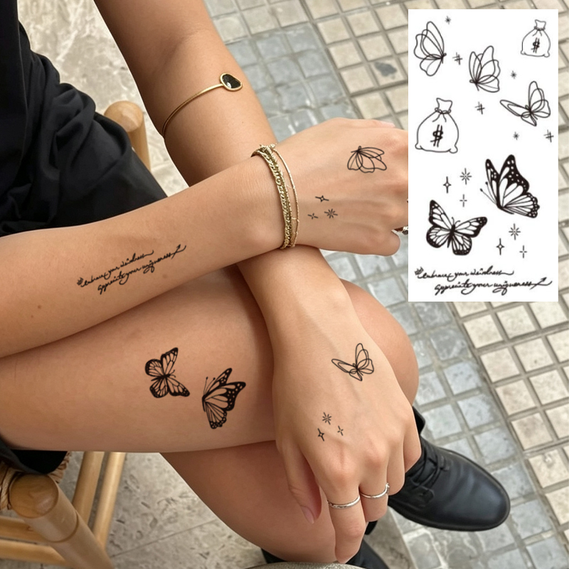 Wholesale B2B Water Transfer Juice Semi-Permanent Tattoo Sticker, Ink Wash Butterfly Origami Bird Goldfish Rose Art Line Design, Realistic & Long Lasting Supplies