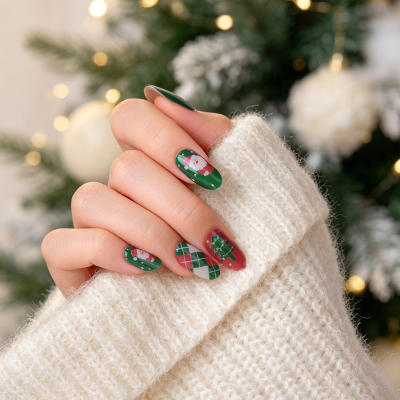 Custom Santa Argyle Plaid Semi‑Cured Gel Nail Strips | Christmas Tree Xmas Gel Nail Wraps Wholesale