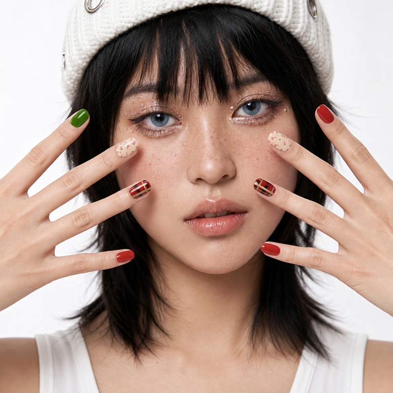 Custom Buffalo Plaid Candy Cane Semi‑Cured Gel Nail Strips | Classic Red Green Christmas Gel Nail Wraps Wholesale Gel Nail Strips