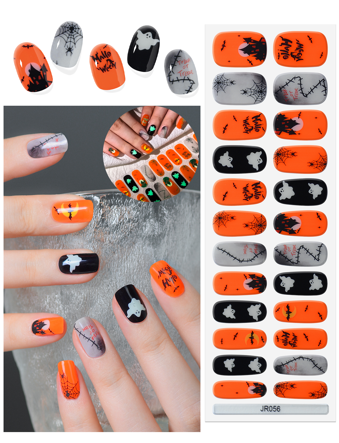 Wholesale Glow In The Dark Pumpkin Spider Halloween Semi‑Cured Gel Nail Strips