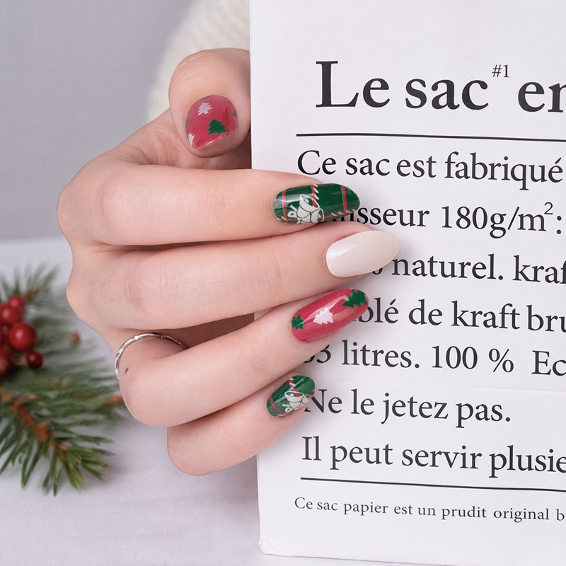 China factory Plaid Christmas Tree Bell Semi‑Cured Gel Nail Strips | Vintage Red Green Xmas Gel Nail Wraps Bulk order