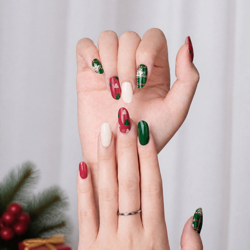China factory Plaid Christmas Tree Bell Semi‑Cured Gel Nail Strips | Vintage Red Green Xmas Gel Nail Wraps Bulk order