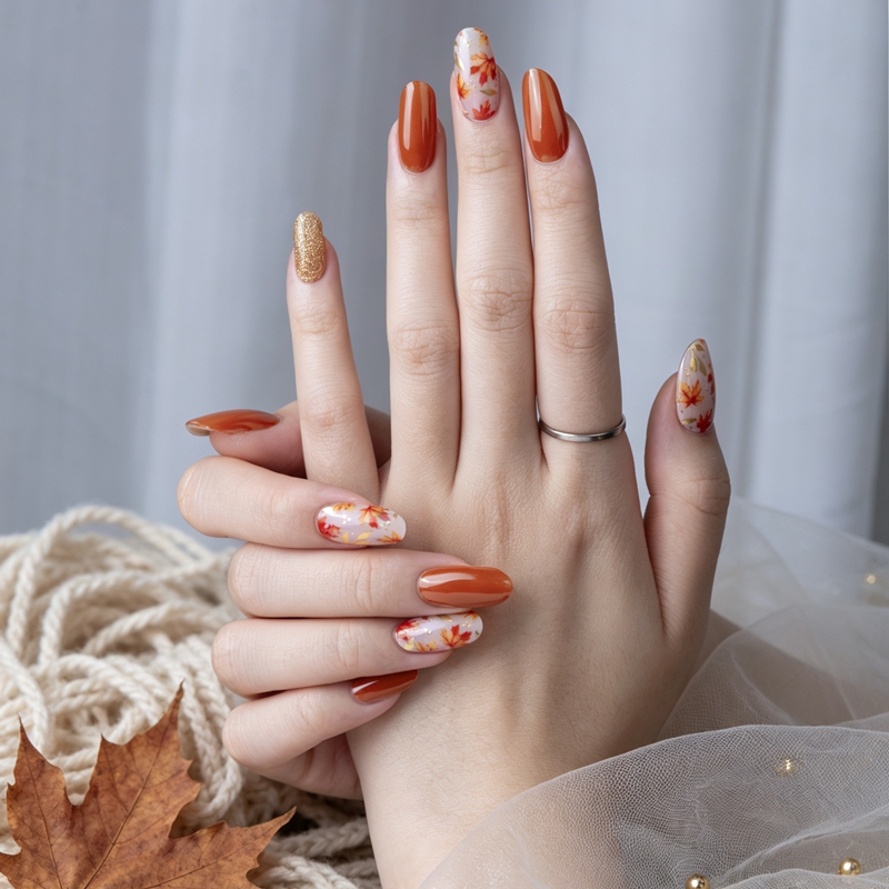Custom Burnt Orange Maple Leaf Gold Glitter Semi‑Cured Gel Nail Wraps, Fall Thanksgiving Gel Nail Strips Wholesale