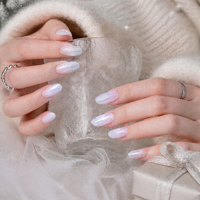 Icy Silver Snowflake Semi‑Cured Gel Nail Strips | Sheer Frost Winter Christmas Gel Nail Wraps Wholesale