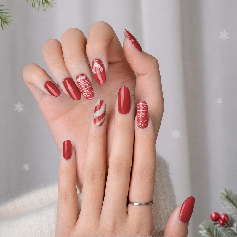 Reindeer Knit Sweater Semi‑Cured Gel Nail Strips | Burgundy Gold Christmas Gel Nail Wraps Wholesale 20strips