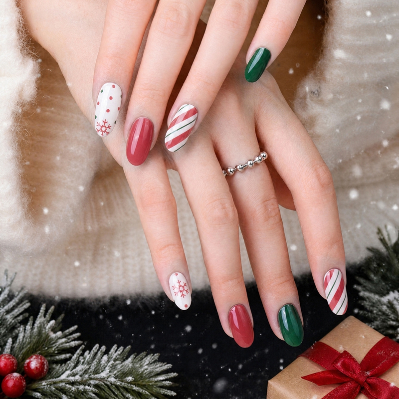 Custom Candy Stripe Snowflake Semi‑Cured Gel Nail Strips | Retro Red Green Christmas Gel Nail Wraps Wholesale