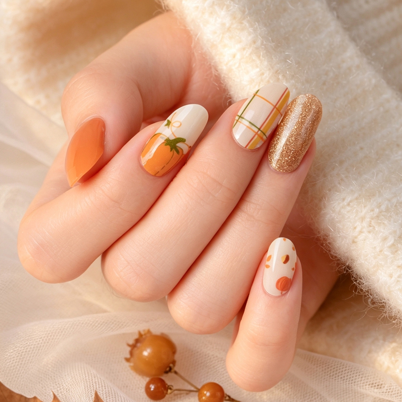Custom Thanksgiving Pumpkin & Plaid Semi‑Cured Gel Nail Wraps, Fall Holiday Gel Nail Strips Wholesale Supply