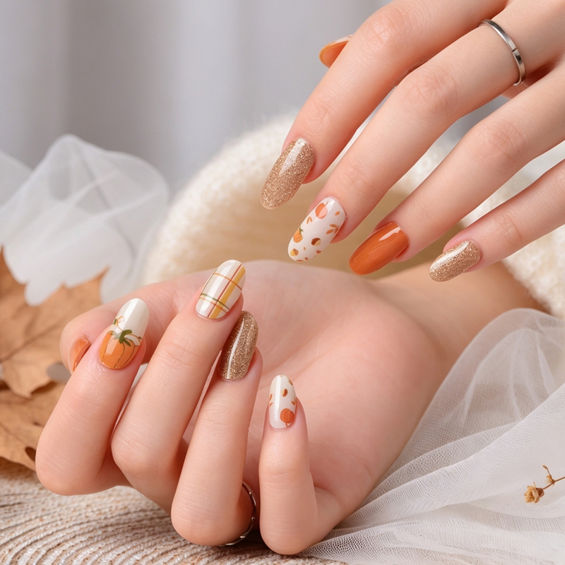 Custom Thanksgiving Pumpkin & Plaid Semi‑Cured Gel Nail Wraps, Fall Holiday Gel Nail Strips Wholesale Supply