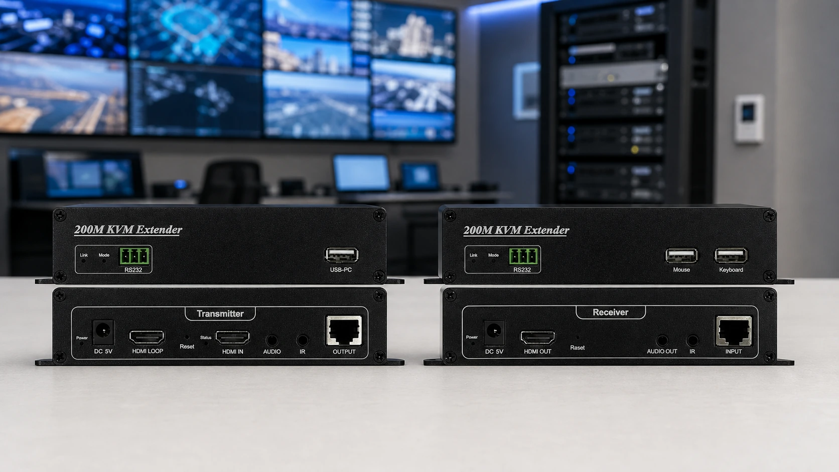 Amoonsky HE200 transmitter and receiver in a professional AV room for wired CAT5e/6 KVM extension