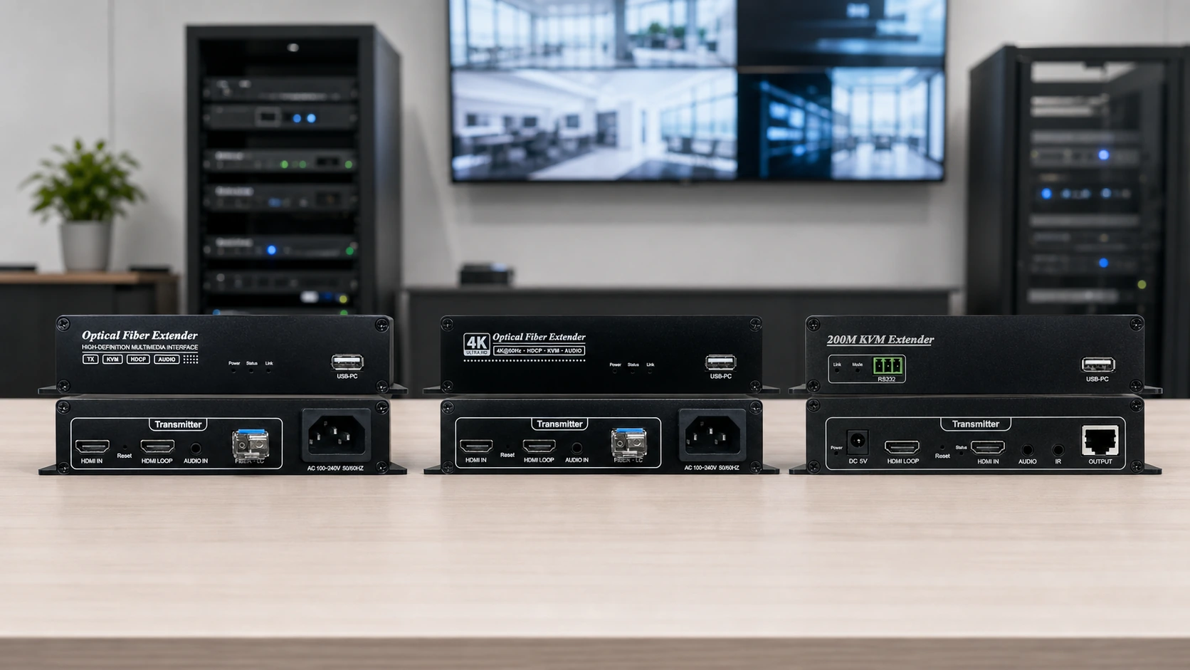 Amoonsky HTR1L HTR4K and HE200 extender product routes in an AV equipment room