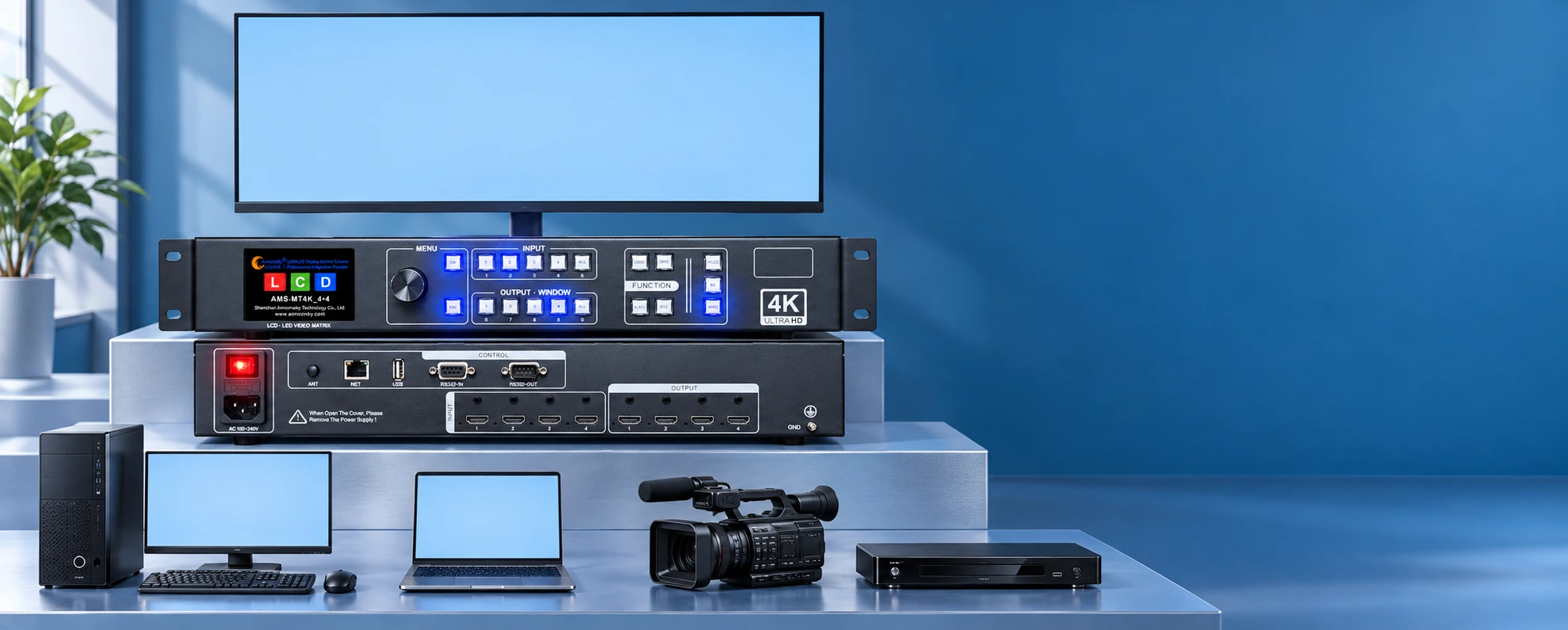 Reference-guided AMS-MT4K_4x4 front and rear views in a bright blue studio, connected to a desktop, laptop, camera, media player and LCD.