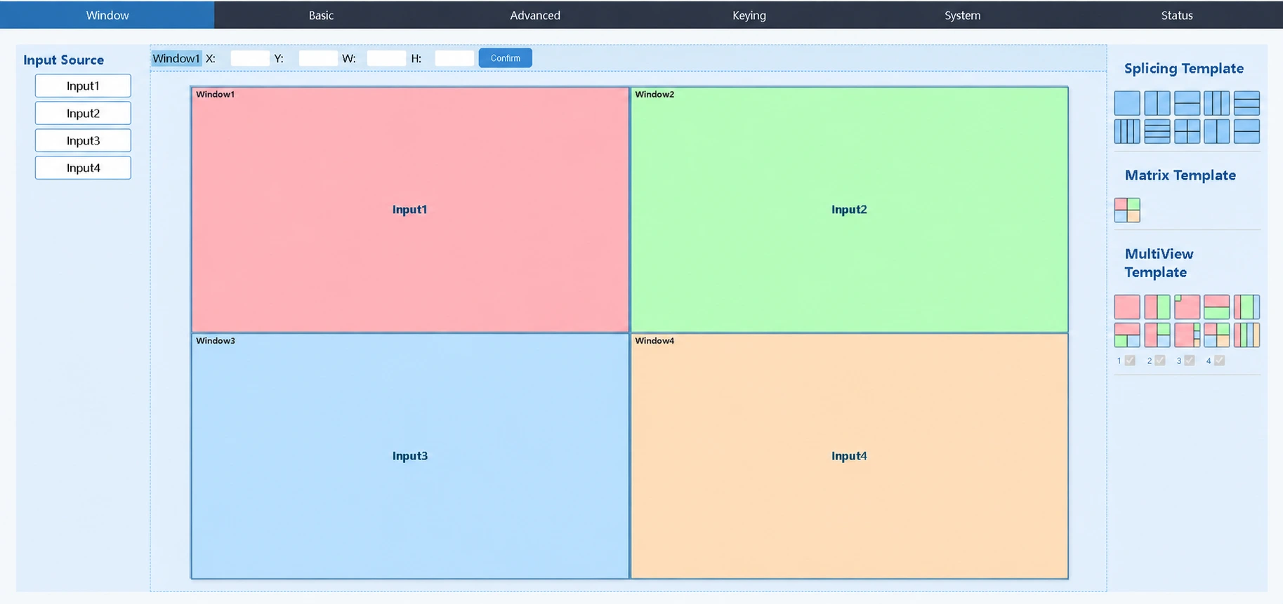 Approved AMS-MT4K Web GUI showing input sources, four windows and layout templates