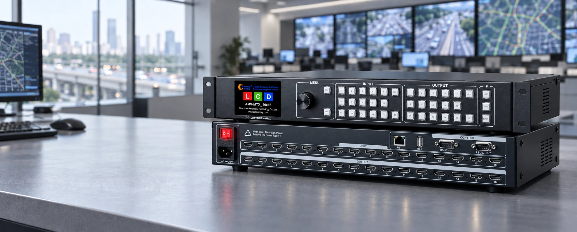 AMS-MTX_16×16 Product Close-Up With A Softly Focused Traffic Command Center