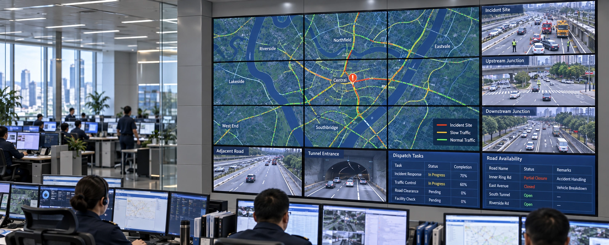 Traffic Incident Map Spanning Nine Physical Screens With Seven Independent Monitoring And Dispatch Screens