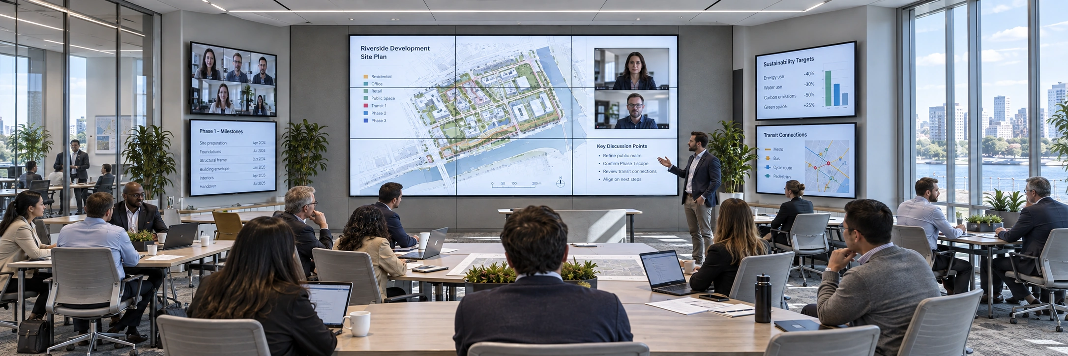 Enterprise Meeting With A Nine-Screen Main Wall And Auxiliary Displays