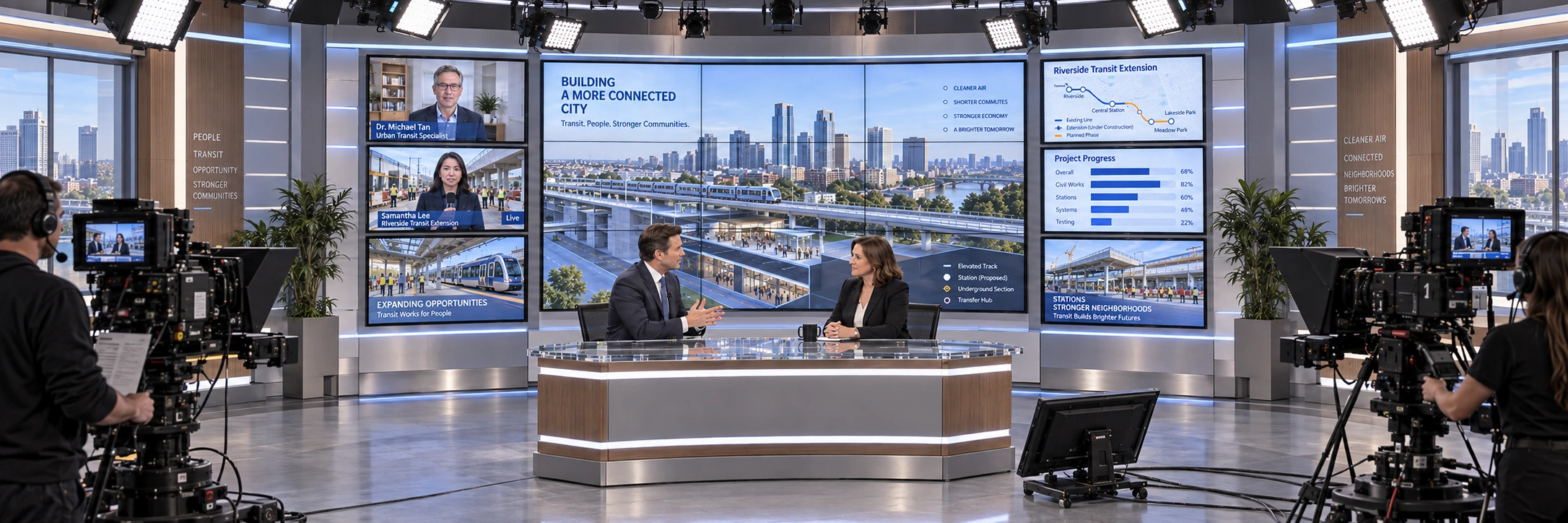 Broadcast Studio With Three Plus Nine Plus Three Wall Screens And One Presenter Return Monitor