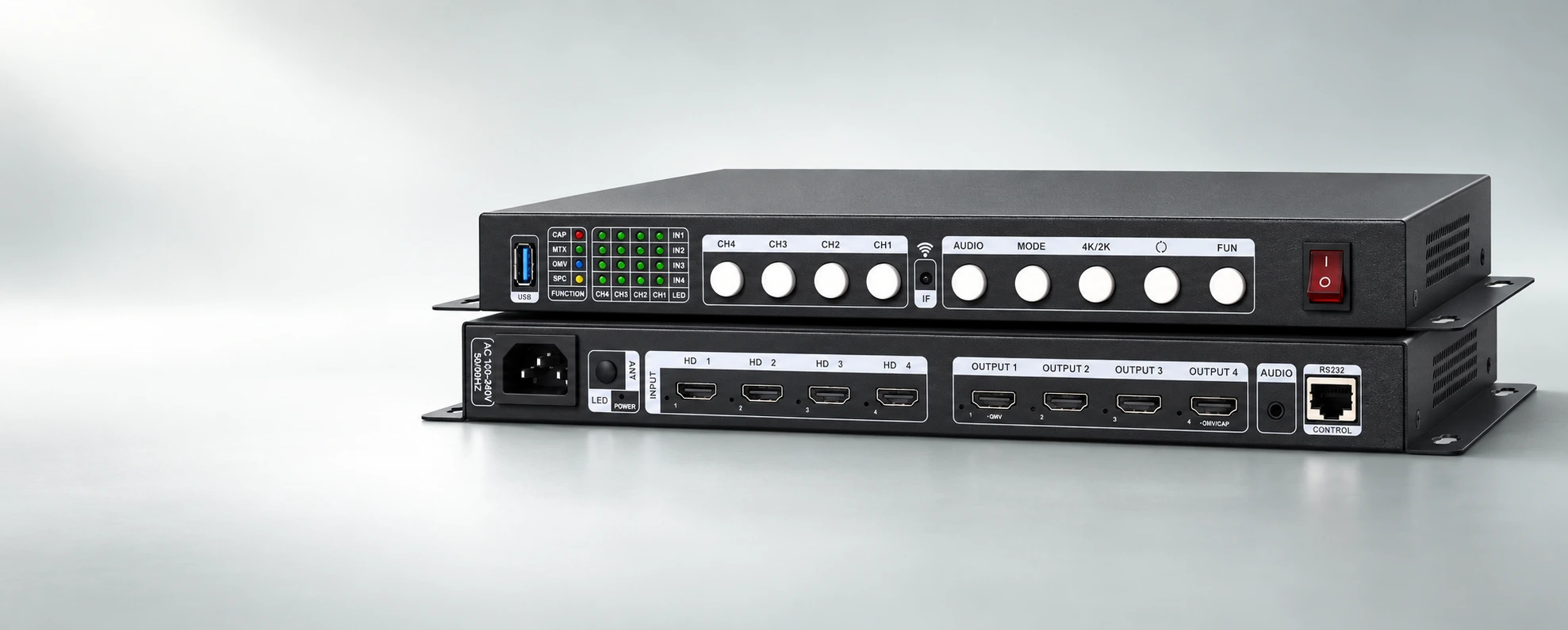 Front-Above-Rear Stacked Views Of The Same AMS-MTX_4x4 Model With Reference-Matched Controls And Connectors