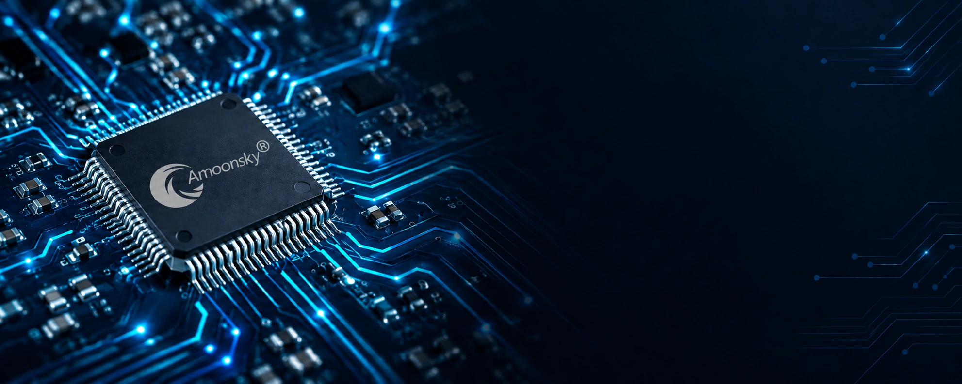 Blue illuminated chip illustration with an Amoonsky logo