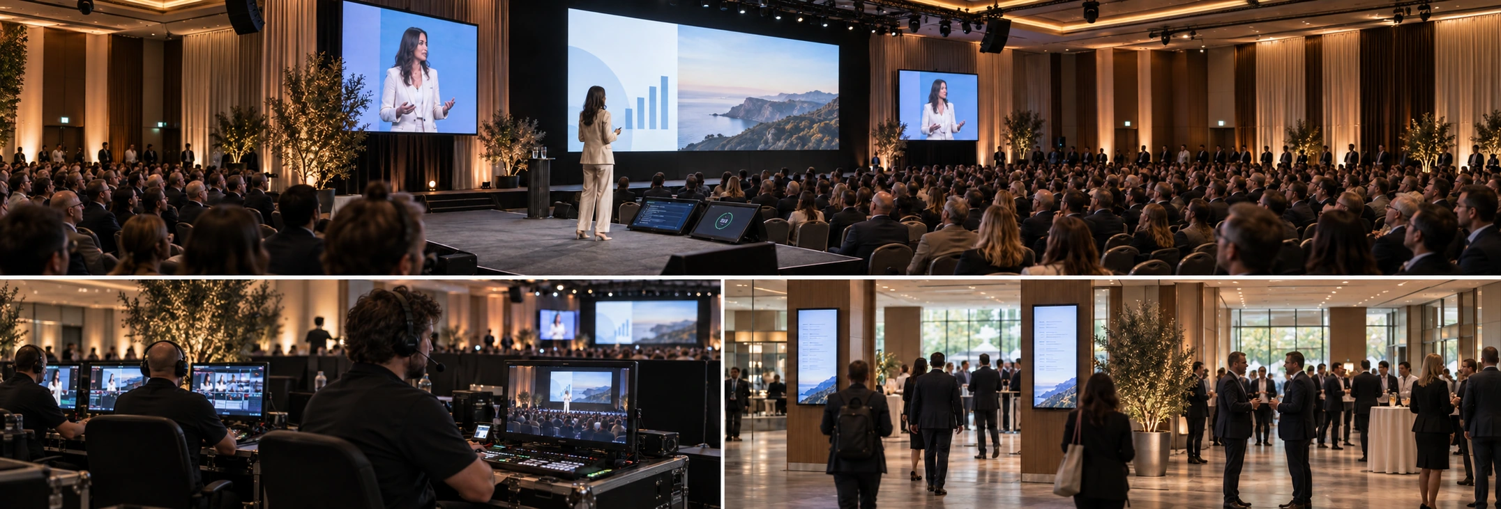 Eight conference display destinations across a venue in a panoramic composition
