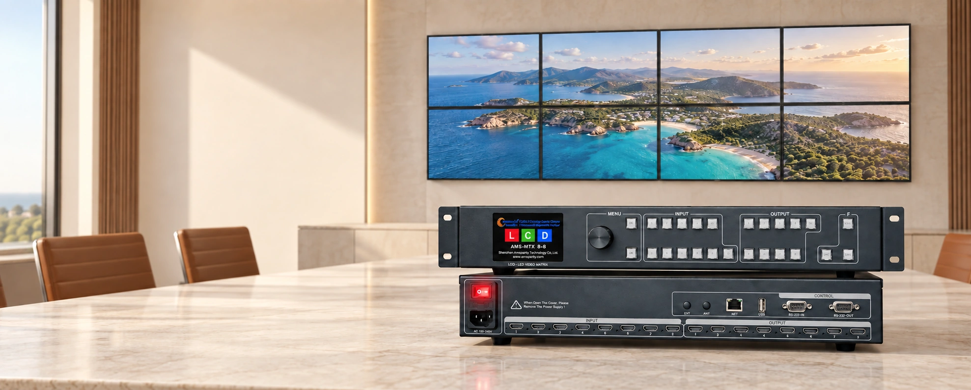 MTX 8×8 front and rear views in an illustrated conference room with eight displays