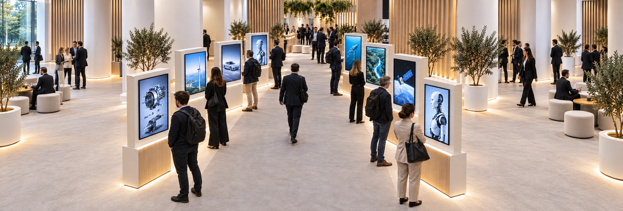 Eight exhibition terminals showing different programs in a panoramic composition