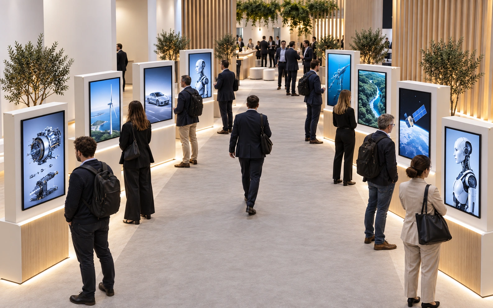 Eight exhibition terminals showing different programs