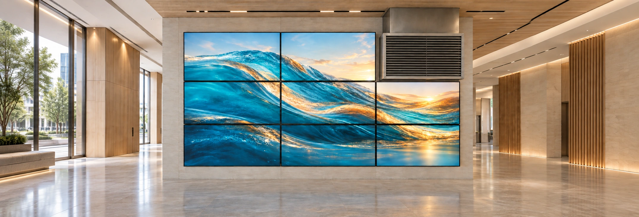 Eight displays arranged around a ventilation obstruction in a panoramic composition
