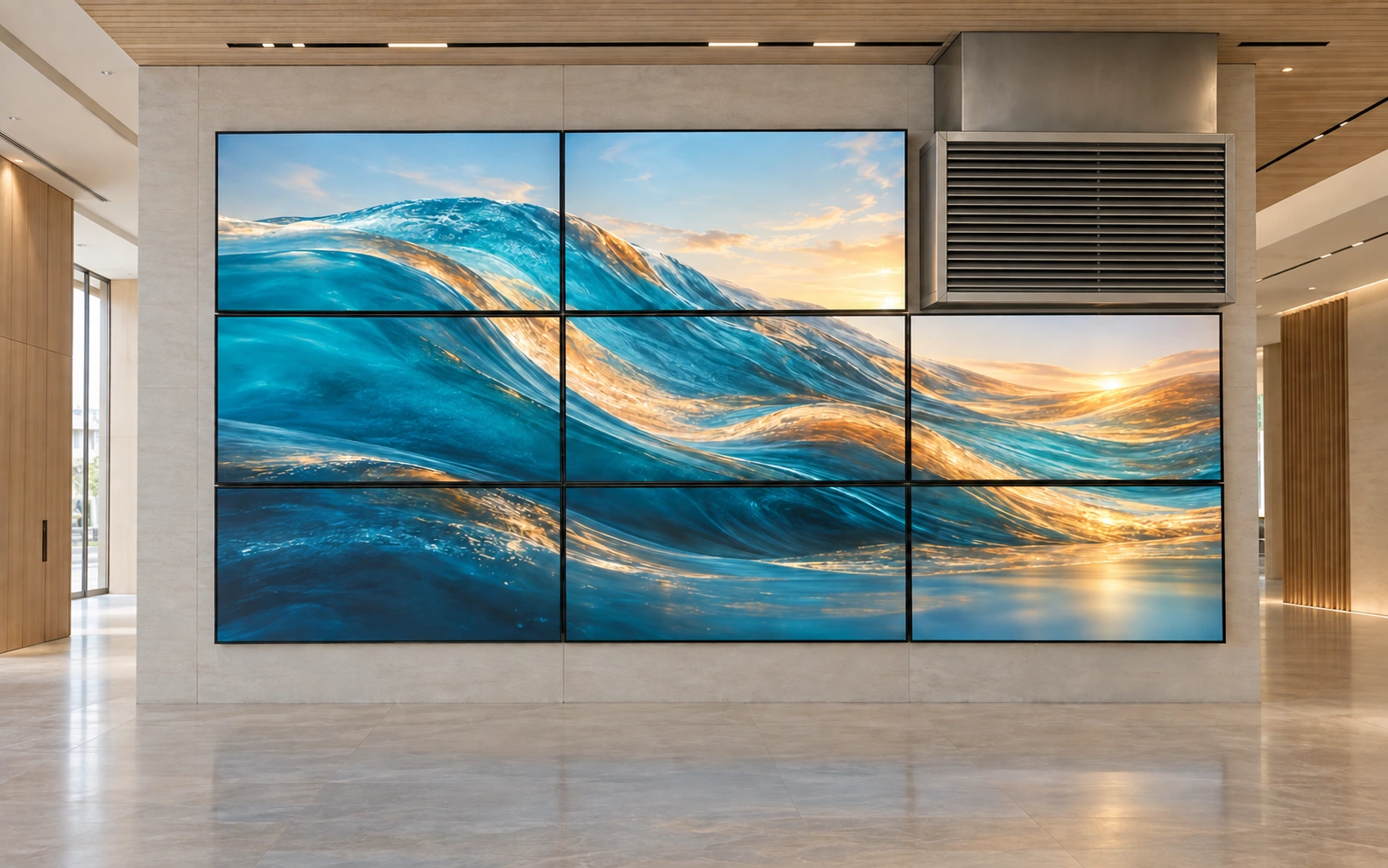 Eight displays arranged around a ventilation obstruction