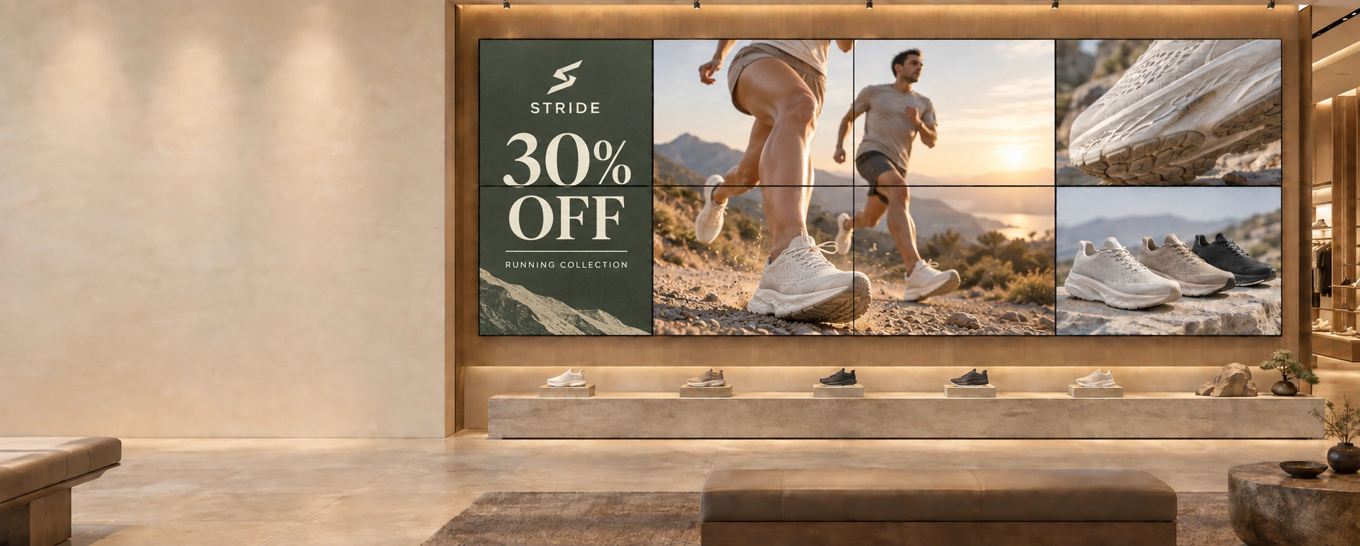 Eight physical screens showing four coordinated sports-store campaign groups