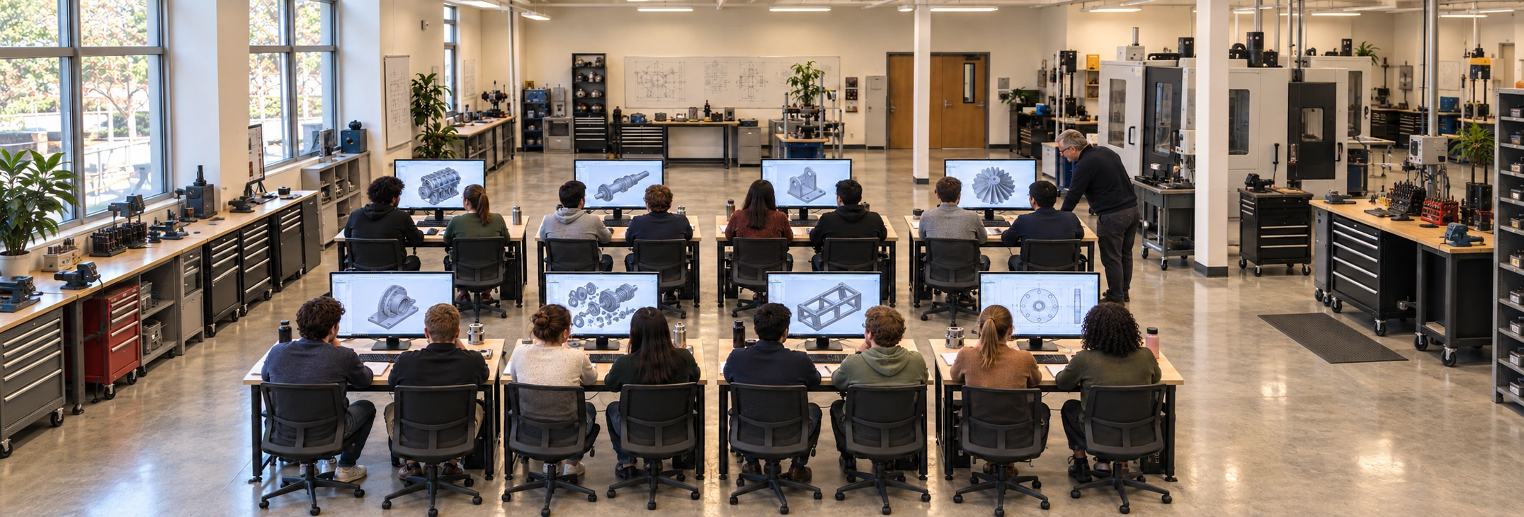Eight training displays showing technical drawings in a panoramic composition