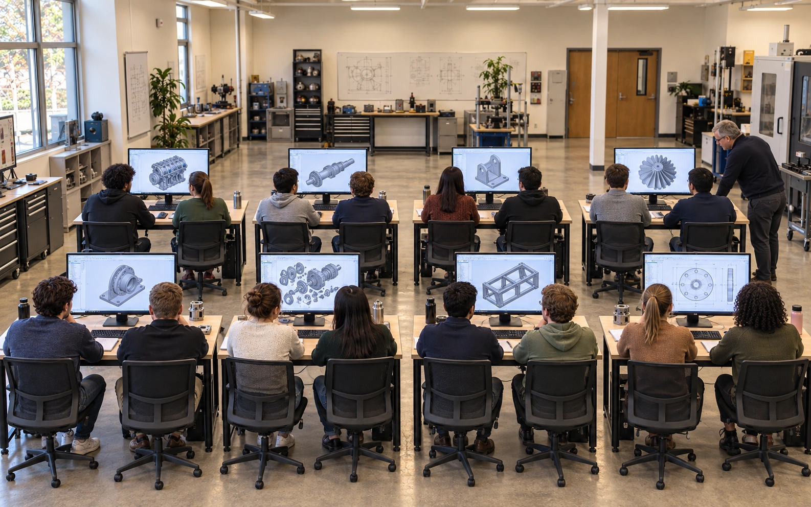Eight training displays showing technical drawings