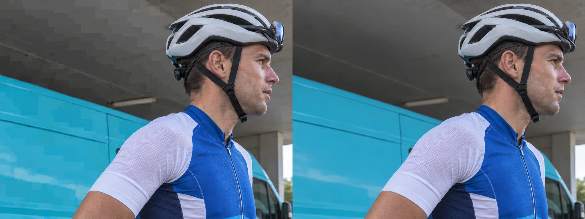 A cyclist and vehicle, with compression block boundaries visible on smooth surfaces